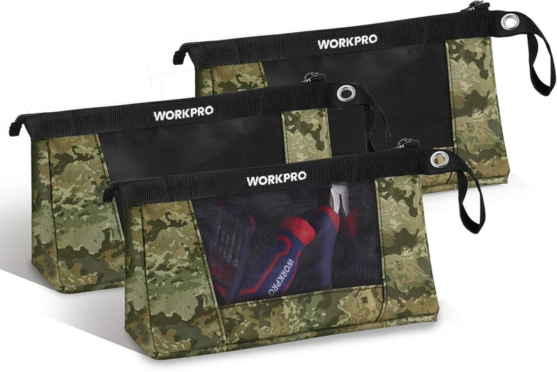 WORKPRO 12" Tool Pouches with Zipper, Heavy-Duty Small Tool Bag, Utility Small Tool Pouch for Tool Organizers and Storage, Mini Tool Bag, 3 Pack, Camo - Image 1